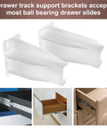 Heavy Duty White Drawer Track Back Plate Kit With Mounting Screws Replaces Side Mounted Ball Bearing Slides Kitchen Cabinet Hardware showing two white support brackets.
