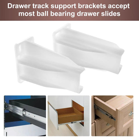 Heavy Duty White Drawer Track Back Plate Kit With Mounting Screws Replaces Side Mounted Ball Bearing Slides Kitchen Cabinet Hardware showing two white support brackets.