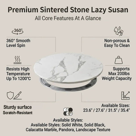 Must-Have 360 Degree Marble Lazy Susan For Tabletop, featuring sintered stone turntable with smooth swivel base and scratch-resistant surface.