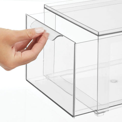 Hand pulling drawer of Stackable Closet Organizer Bin With Pull Out Drawer For Shoes Clothes Bags And More In Clear Plastic Lumiere Collection 2 Pack Built For Easy Closet Storage And Quick Access