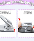 2 Hole Punch for Paper, Adjustable Heavy Duty Metal Hole Puncher With Locking Handle shown before and after locking.