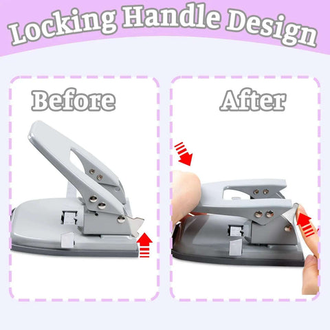 2 Hole Punch for Paper, Adjustable Heavy Duty Metal Hole Puncher With Locking Handle shown before and after locking.