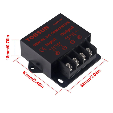 Two Pack 12V To 5V Step Down Converter 5V 10A 50W Power Supply Module showing dimensions and input/output terminals