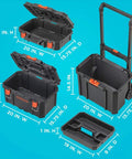 Beyond Stackable Tool Storage System 3 Piece Set With Small Deep Toolbox And Rolling Tote For Quick Access And Easy On The Go Organization, Durable Auto Lock Latches With Quick Release To Grab Individual Modules In A Snap showing open toolboxes and dimensions on a blue background.