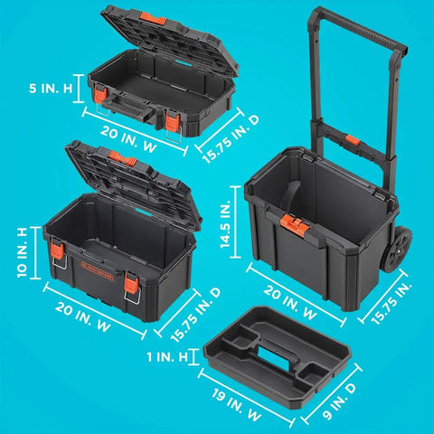 Beyond Stackable Tool Storage System 3 Piece Set With Small Deep Toolbox And Rolling Tote For Quick Access And Easy On The Go Organization, Durable Auto Lock Latches With Quick Release To Grab Individual Modules In A Snap showing open toolboxes and dimensions on a blue background.