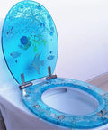 Universal Soft Close Toilet Seat Top Notch Euroresin Construction With Quick Release Hinges, blue fish design.