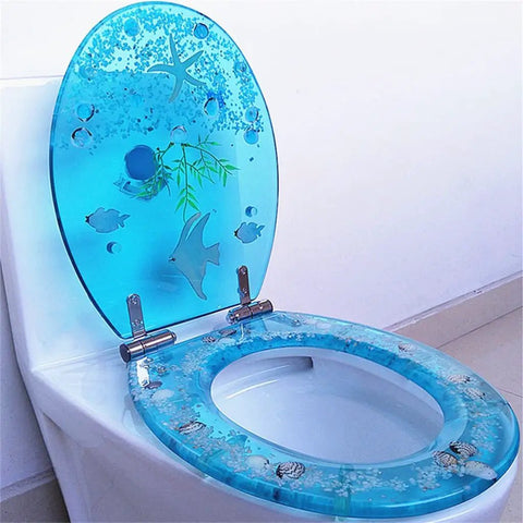 Universal Resin Toilet Seat Featuring Ultra Smooth Slow Close Lid And Quick Pop Cover in blue ocean design with fish.