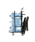 Heavy Duty Electric Stair Climbing Dolly Cart With 550 Lb Load Capacity And Powerful 500W Motor For Easy Moving Jobs Made Simple With Fast Charging Battery carrying three water bottles.