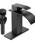 Black Waterfall Bathroom Faucet With Deck Plate 1 Hole Or 3 Hole Lavatory Sink Tap Single Handle Pop Up Drain Stainless Steel Modern Vanity Faucet Easy DIY Install. Includes drain and deck plate shown.