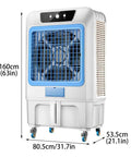 Heavy Duty Commercial Grade Jumbo Windowless Evaporative Air Cooler With Eight Ice Packs Ninety Degree Swivel Oscillation Three Speed Swamp Cooler side view with dimensions.