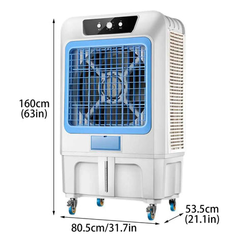 Heavy Duty Commercial Grade Jumbo Windowless Evaporative Air Cooler With Eight Ice Packs Ninety Degree Swivel Oscillation Three Speed Swamp Cooler side view with dimensions.