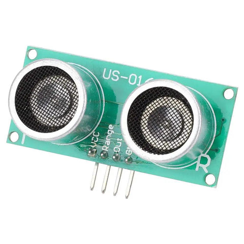 Pro Grade Analog Ultrasonic Distance Sensor US-016 with Analog Voltage Output, green PCB, dual transducers, front view