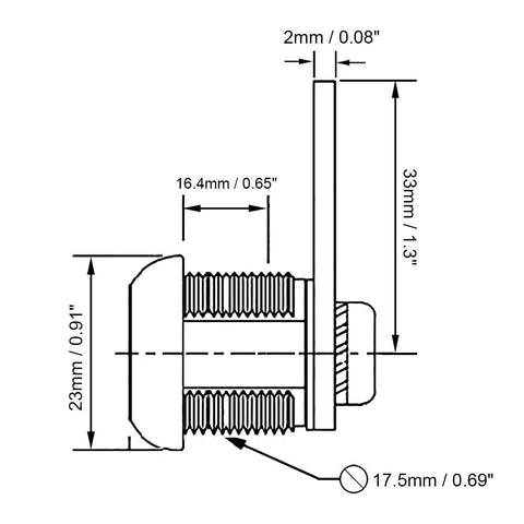 Technical diagram showing dimensions of Cam Lock Set for Drawer and Cabinet, 13/16 Inch Cylinder, fits up to half-inch panel thickness.