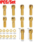 10 Pack Mini Drill Brass Collet Chuck 0.5 To 3.2mm Clamping Adapter For Rotary Tool with four jaw design and size markings.