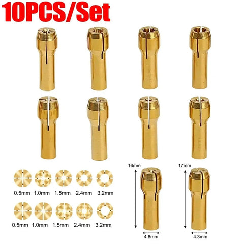 10 Pack Mini Drill Brass Collet Chuck 0.5 To 3.2mm Clamping Adapter For Rotary Tool with four jaw design and size markings.