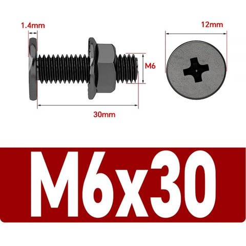 Diagram of Black 304 Stainless Steel M6 Cross Head Screws With 12mm Flat Head And Flange Nuts Kit, M6x30 specifications