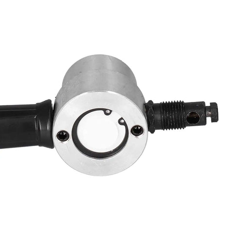 Close-up of Double Head Metal Cutter Sheet Nibbler Electric Drill Attachment for circle cutting with 360 degree handle, metalworking tool.