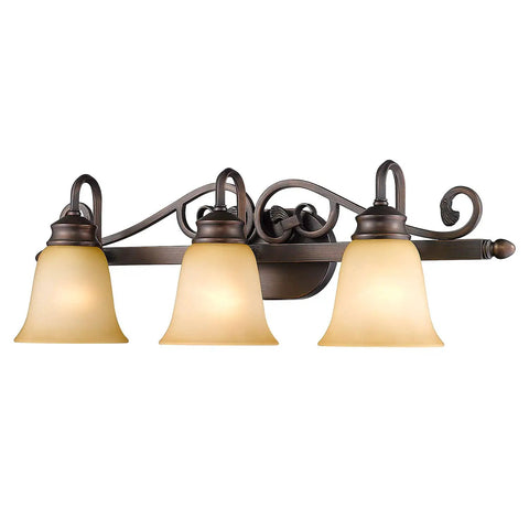 Belle Meade 3 Light Bath Vanity In Rubbed Bronze With Tea Stone Glass Shades, Traditional Colonial Fixture, Front View