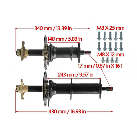 Heavy Duty Go Kart Rear Axle Kit, 48V 1000W Electric Drive With 16 Tooth Drive Gear, 9.5 to 1 Gear Ratio shown with dimensions