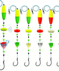 Six Piece Catfish Fishing Rigs Ready Kit With 2 In 1 Rotating Rattles And Double Rattles Beads For Freshwater And Saltwater Tackle Santee Rig Peg Gear visible with colorful floats and hooks.