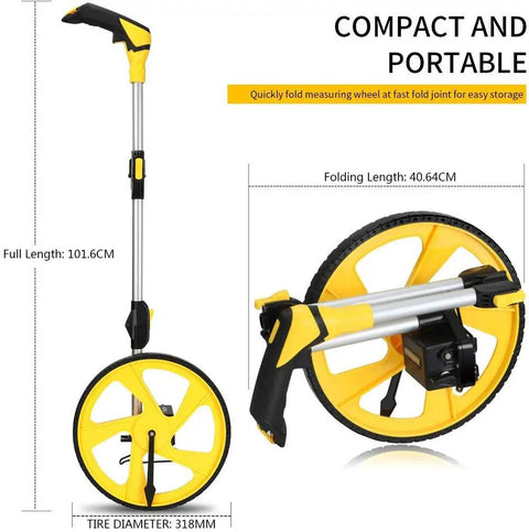 QERTYHKK Foldable Measuring Wheel Distance Measurement Tools Meter/Feet shown with compact design and folding length for easy storage.