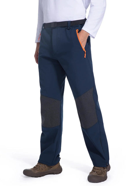Mens Snow Ski Hiking Pants Waterproof Winter Fleece Lined Softshell Snowboard Pants With Zippered Bottom Legs And Built In Belt Ideal For Hiking Snowboarding Skiing In Cold Weather Wind Resistant Navy Medium, showing front view with orange zippers and reinforced knees.