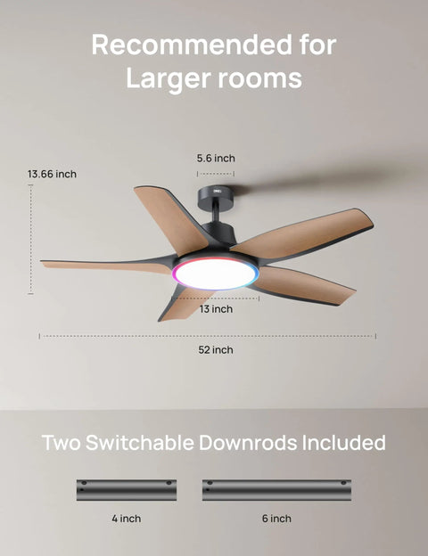 Straight Premium 52 Inch Smart Rgbic Ceiling Fan With Totally Lit Dimmable Lights And App Control For A Super Chill Lounge In Any Living Room Or Game Den with 5 wooden blades.
