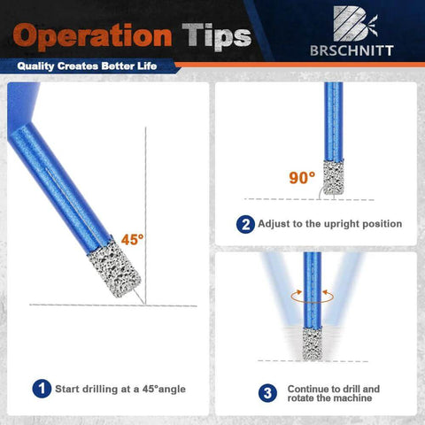 Tile hole saw kit with blue diamond core drill bit; instructional panels show 45°, 90°, and rotation drilling steps.