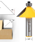 Chamfer Router Bit Set With Bevel Edge Forming Five Bit Kit One Half Inch Shank Model 13508, 45° blade, diagram, and dimensions