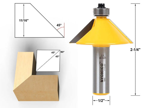 Chamfer Router Bit Set With Bevel Edge Forming Five Bit Kit One Half Inch Shank Model 13508, 45° blade, diagram, and dimensions