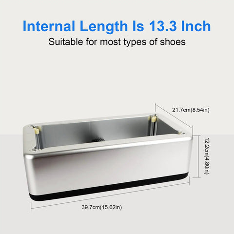 Automatic Shoe Covers Dispenser For Home Office Supermarket Factory And Lab With Disposable Shoe Covers No Fuss Durable ABS Build Non Slip Base Waterproof CPE Covers One Size Fits All Silver Finish showing internal dimensions.