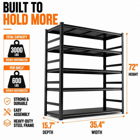 Heavy Duty Garage Shelving System With 3000 Lbs Total Capacity, black 72in x 35.4in x 15.7in steel 5-tier rack
