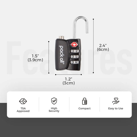 4 Pack TSA Approved Luggage Locks With 3 Digit Combination, Alloy Body Travel Padlocks For Suitcases And Bags, dimensions shown