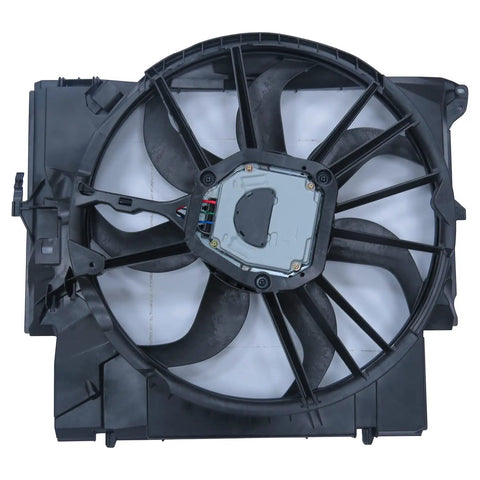Heavy Duty BMW Cooling Fan Assembly Direct Fit OE Replacement Built Tough With High Heat Resistant Material Runs Smooth As Butter, top view.