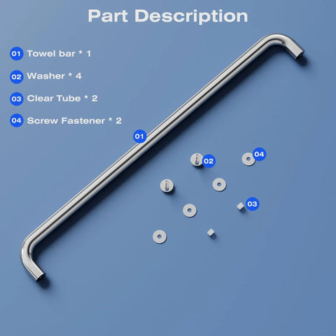 Rock Solid Single Sided Towel Bar Polished Chrome Shower Handle 24 Inch Centers with washers, clear tubes, and screws.