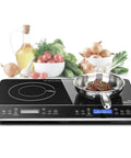 Duxtop Portable Double Induction Cooktop With 1800W Digital Electric Burner Sensor Touch Control And Lcd Display For Countertop Use, with frying pan and food.