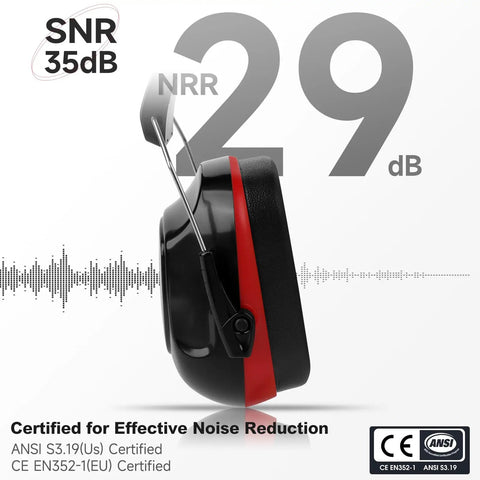 Side view of black and red Boss Level Noise Reduction Ear Muffs for Shooting and Range Safety, SNR 34dB, cushioned foam design.