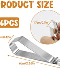 Close-up of stainless steel car sun visor photo frame clip showing dimensions, part of a 6 pack set for cars, home, office.