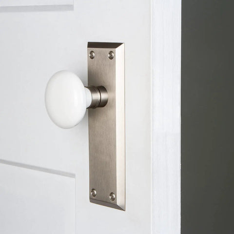 New York Plate And Interior White Porcelain Round Door Knob Set For Interior Doors, vintage-inspired hardware on white door