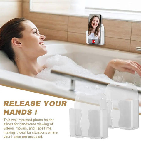 Woman using Two Pack Wall Mounted Phone Holder With Charging Hole Self Adhesive Clear Phone Cradle for hands-free video call in bath.