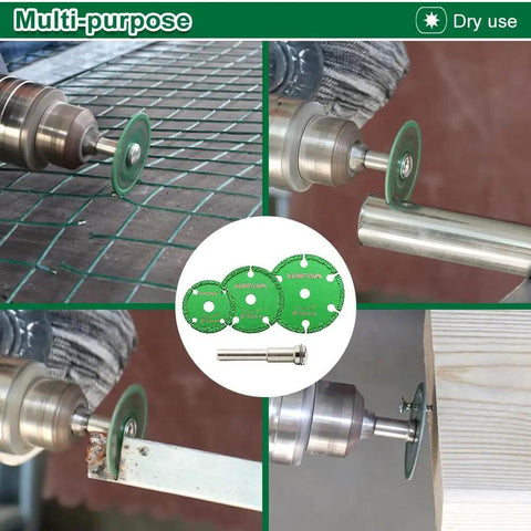 Diamond Metal Cut Off Wheel Set Pro Grade Heavy Duty 30mm 40mm 50mm with 6mm Round Shaft in action cutting materials