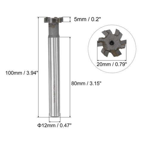 Beast Mode Tungsten Carbide Tip T Slot Milling Cutter End Mill with 20mm cutting dia, 5mm depth, 12mm shank, 6 flutes