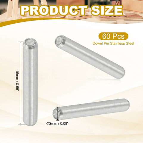 Prime Grade 2mm X 15mm Stainless Steel Dowel Pins 60 Pack showing size and details for woodworking and repairs.