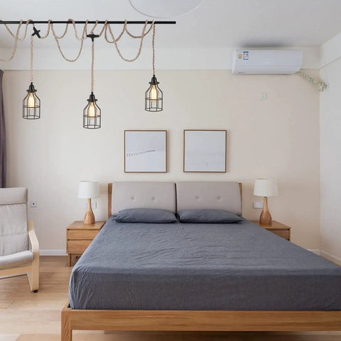 Three Light Plug In Pendant With Hemp Rope And Metal Cage Shades, 27 Feet Adjustable Twisted Rope Hanging Lighting in bedroom