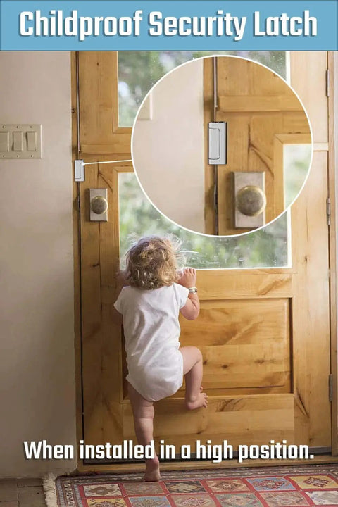 Childproof security latch installed on wooden door, preventing toddler from reaching the handle.