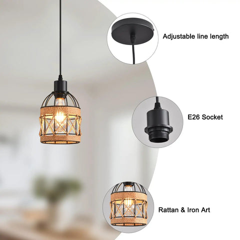 Dope Black Modern Pendant Lighting Set Two Pack Adjustable Pendant Light Fixture For Kitchen Island With E26 Bulb Base Easy To Install And Clean Contemporary Pendant Lights Today, shown with adjustable length, E26 socket, rattan and iron design.