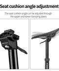 Cable-Less Hydraulic Dropper Seatpost With 27.2mm, 30.9mm And 31.6mm Diameters And 100mm, 125mm, Or 150mm Travel For MTB, E-Bike, And Road Bikes, Easy Installation, No Cables Required, Smooth, Responsive Dropper Performance showing seat cushion angle adjustment mechanism.