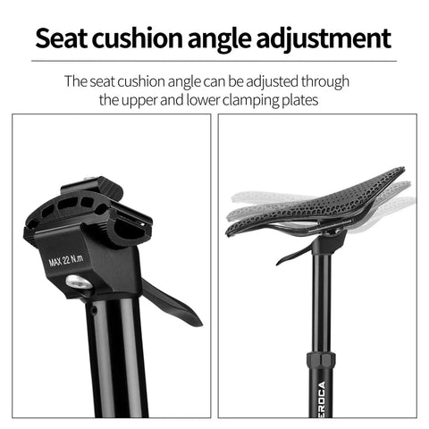 Cable-Less Hydraulic Dropper Seatpost With 27.2mm, 30.9mm And 31.6mm Diameters And 100mm, 125mm, Or 150mm Travel For MTB, E-Bike, And Road Bikes, Easy Installation, No Cables Required, Smooth, Responsive Dropper Performance showing seat cushion angle adjustment mechanism.
