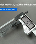 Digital caliper measuring thickness of a cabinet hinge jig, showcasing durable ABS construction and precise alignment tool