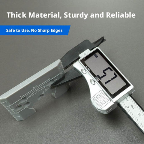 Digital caliper measuring thickness of a cabinet hinge jig, showcasing durable ABS construction and precise alignment tool
